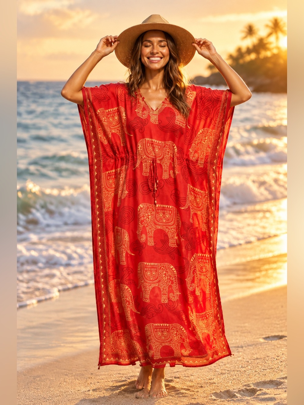 Mystique Boutique Red and Gold Elephant-Print Kaftan